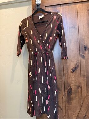 Mata Traders Brown Wrap Dress with Pink & Cream Dash Print